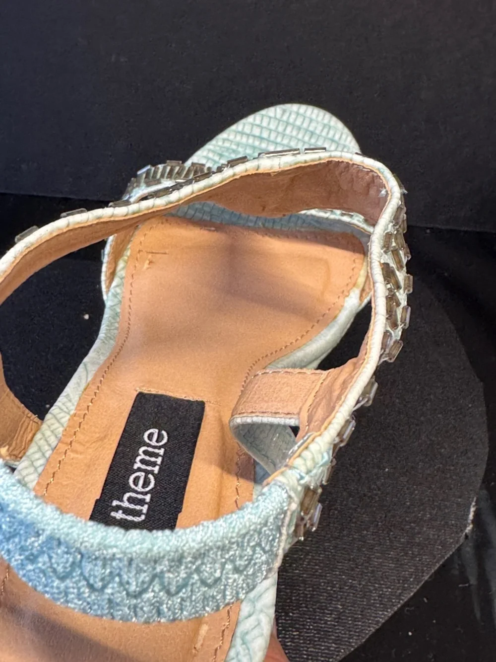 Theme Mint Green/Blue Snake Emb Beaded Wedge Sandals Size 6 T-Strap Heels